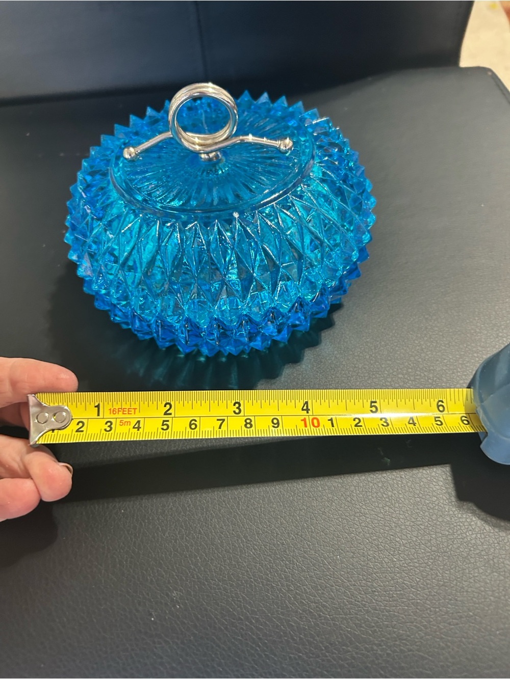 Blue Pressed Glass Covered Candy Dish with Silver-Tone Handle